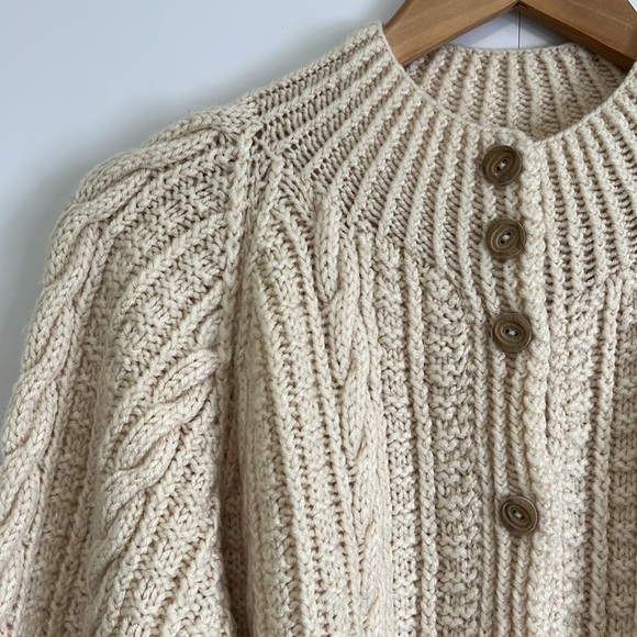 Hand Knit Chunky Sweater Cable Knit Wool Grandma Fisherman Cardigan Cream - Picture 3 of 11